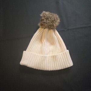 Banana Republic Ivory Knit Hat with Faux Fur Pom-Pom